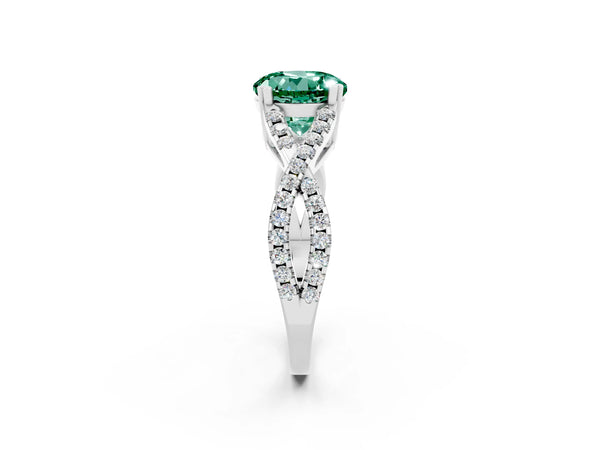 Platinum Round Cut Green Sapphire Solitaire Ring with Four-Prong Setting and Twisted Pavé Band
