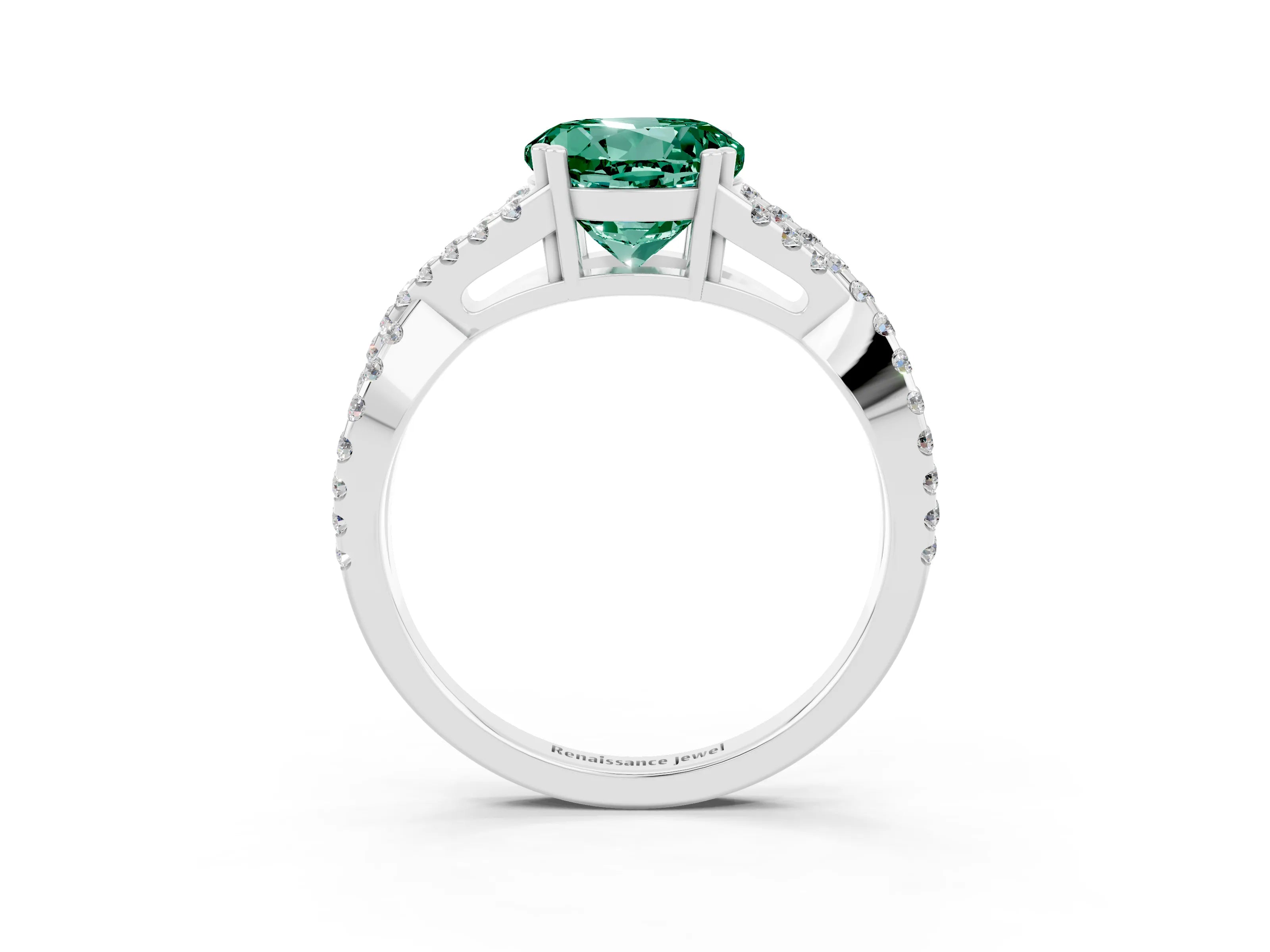 White gold Round Cut Green Sapphire Solitaire Ring with Four-Prong Setting and Twisted Pavé Band_3