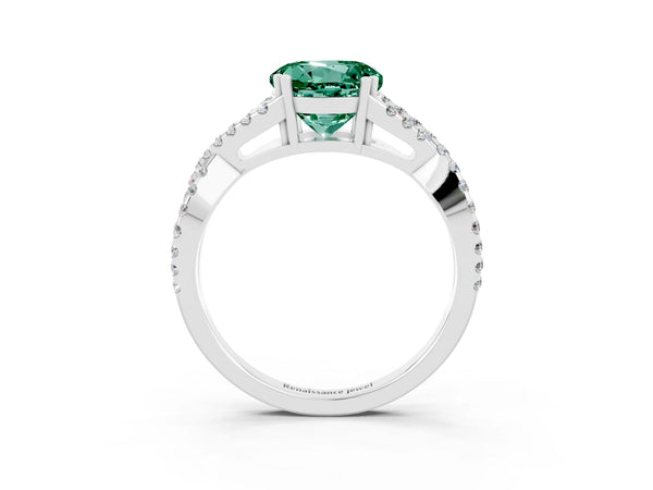 Silver Round Cut Green Sapphire Solitaire Ring with Four-Prong Setting and Twisted Pavé Band