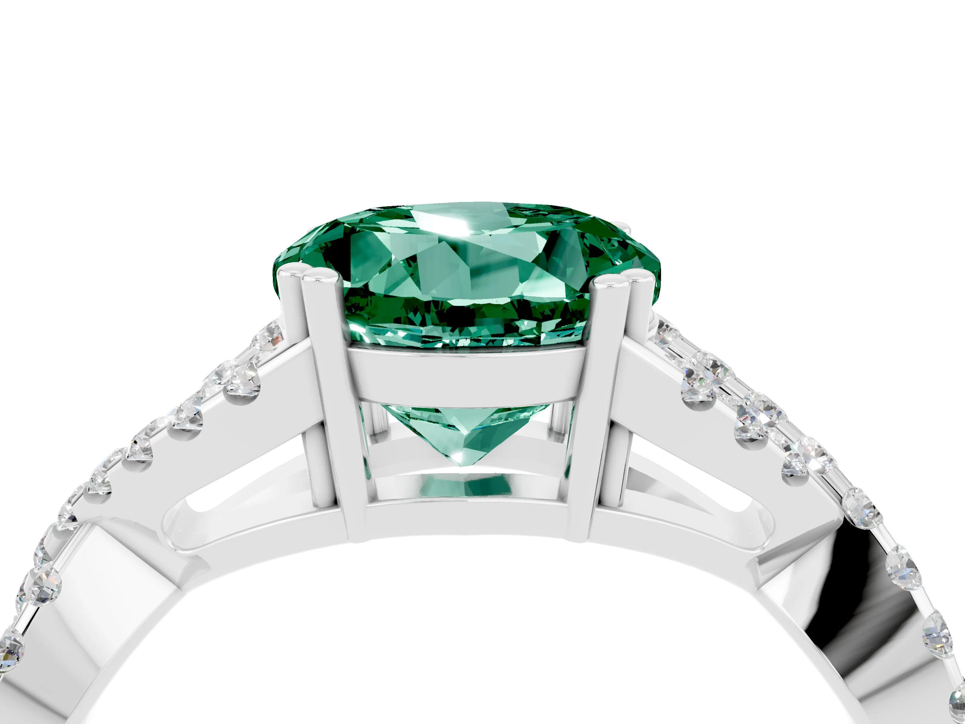 White gold Round Cut Green Sapphire Solitaire Ring with Four-Prong Setting and Twisted Pavé Band_4