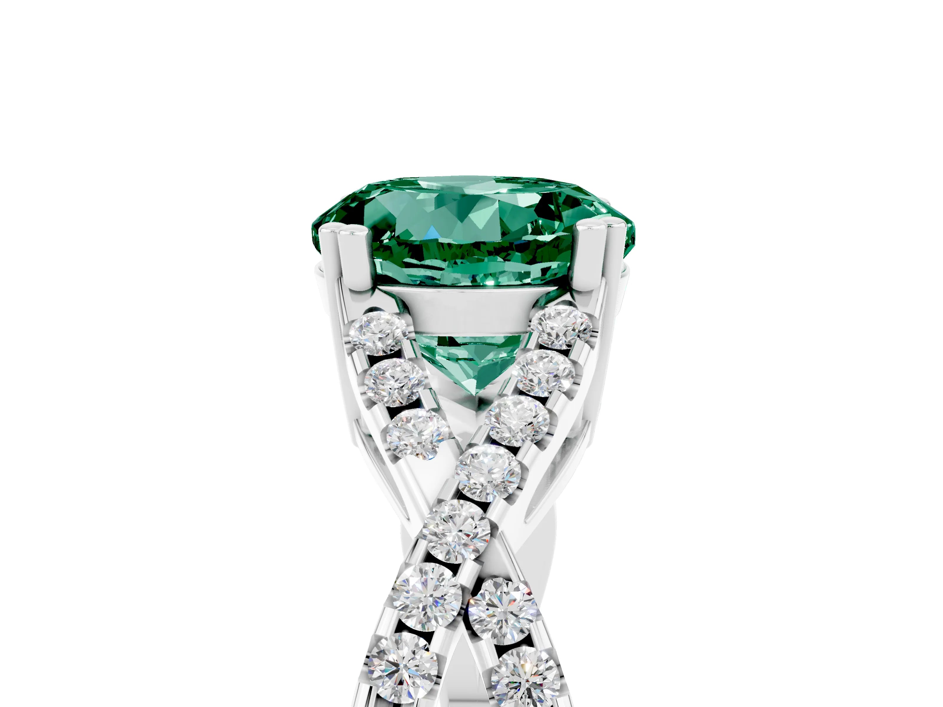 White gold Round Cut Green Sapphire Solitaire Ring with Four-Prong Setting and Twisted Pavé Band_5