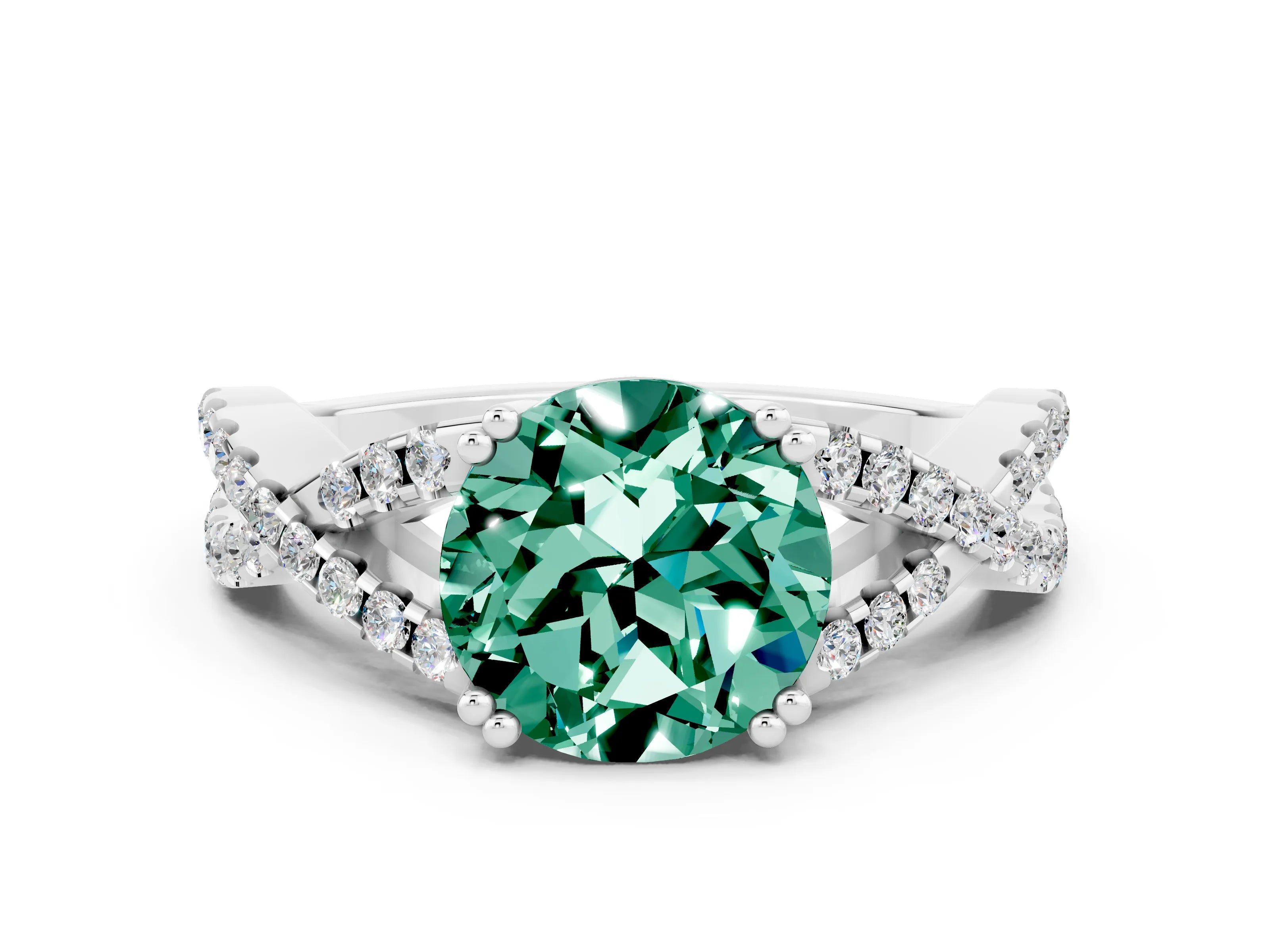 White gold Round Cut Green Sapphire Solitaire Ring with Four-Prong Setting and Twisted Pavé Band