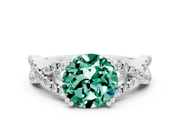 Silver Round Cut Green Sapphire Solitaire Ring with Four-Prong Setting and Twisted Pavé Band
