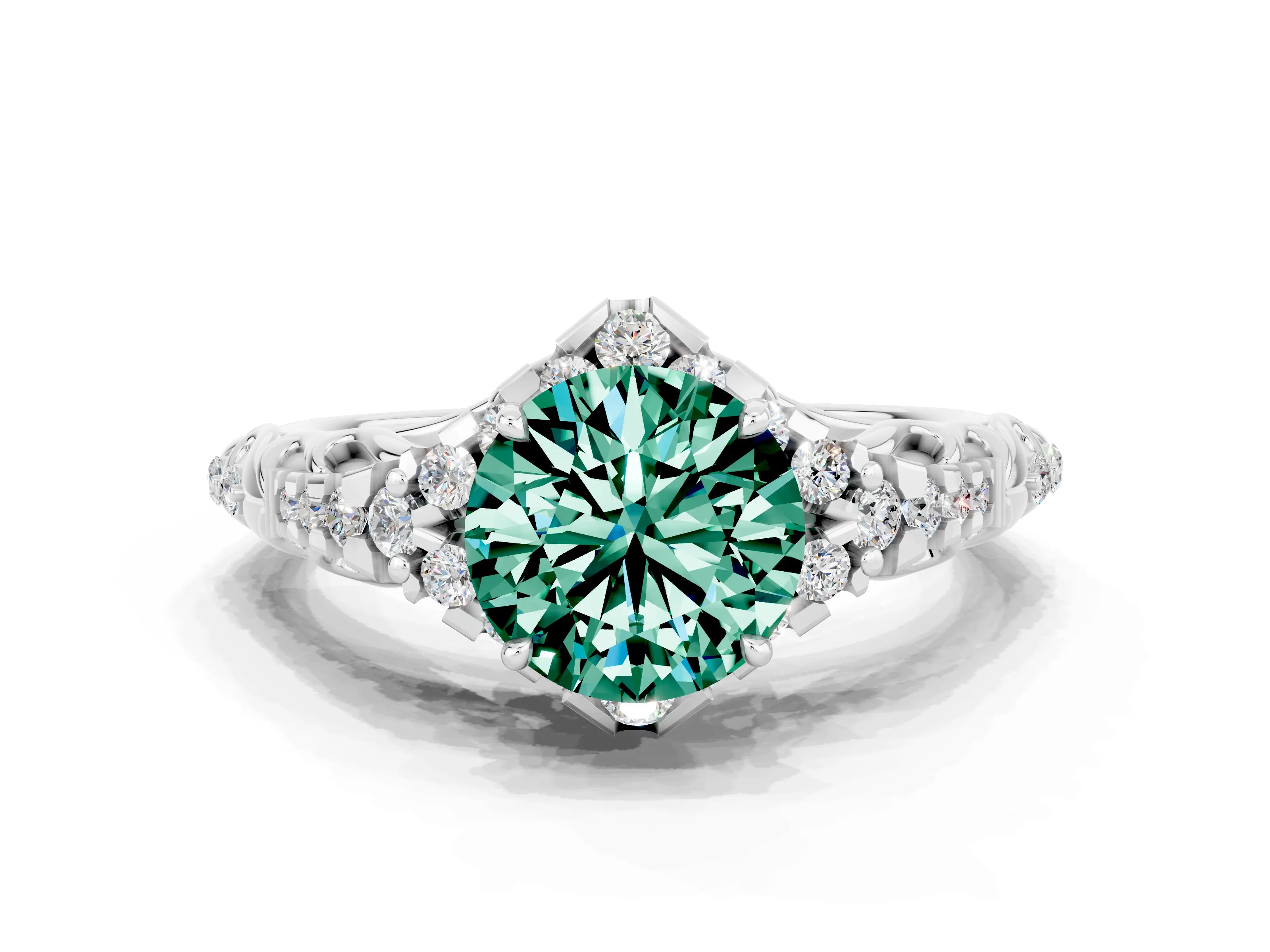 White gold Round Cut Green Sapphire Solitaire Ring with Hidden Halo and Pavé Band_12