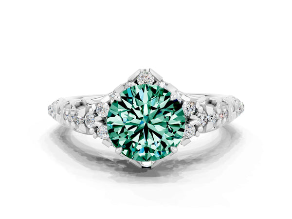 White gold Round Cut Green Sapphire Solitaire Ring with Hidden Halo and Pavé Band