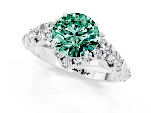 Platinum Round Cut Green Sapphire Solitaire Ring with Hidden Halo and Pavé Band