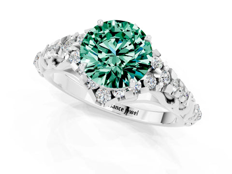 White gold Round Cut Green Sapphire Solitaire Ring with Hidden Halo and Pavé Band_13