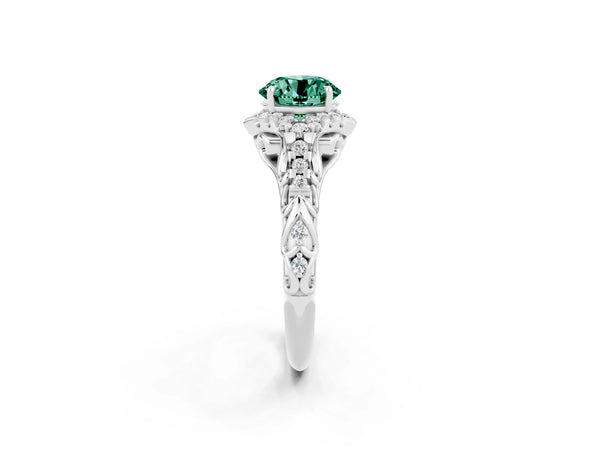 White gold Round Cut Green Sapphire Solitaire Ring with Hidden Halo and Pavé Band