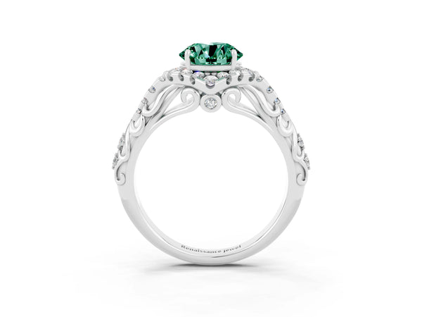 Platinum Round Cut Green Sapphire Solitaire Ring with Hidden Halo and Pavé Band