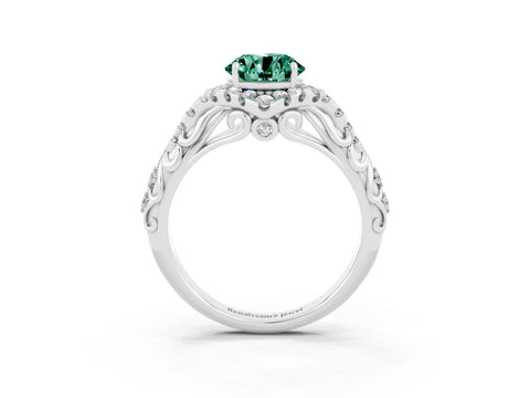 White gold Round Cut Green Sapphire Solitaire Ring with Hidden Halo and Pavé Band_15