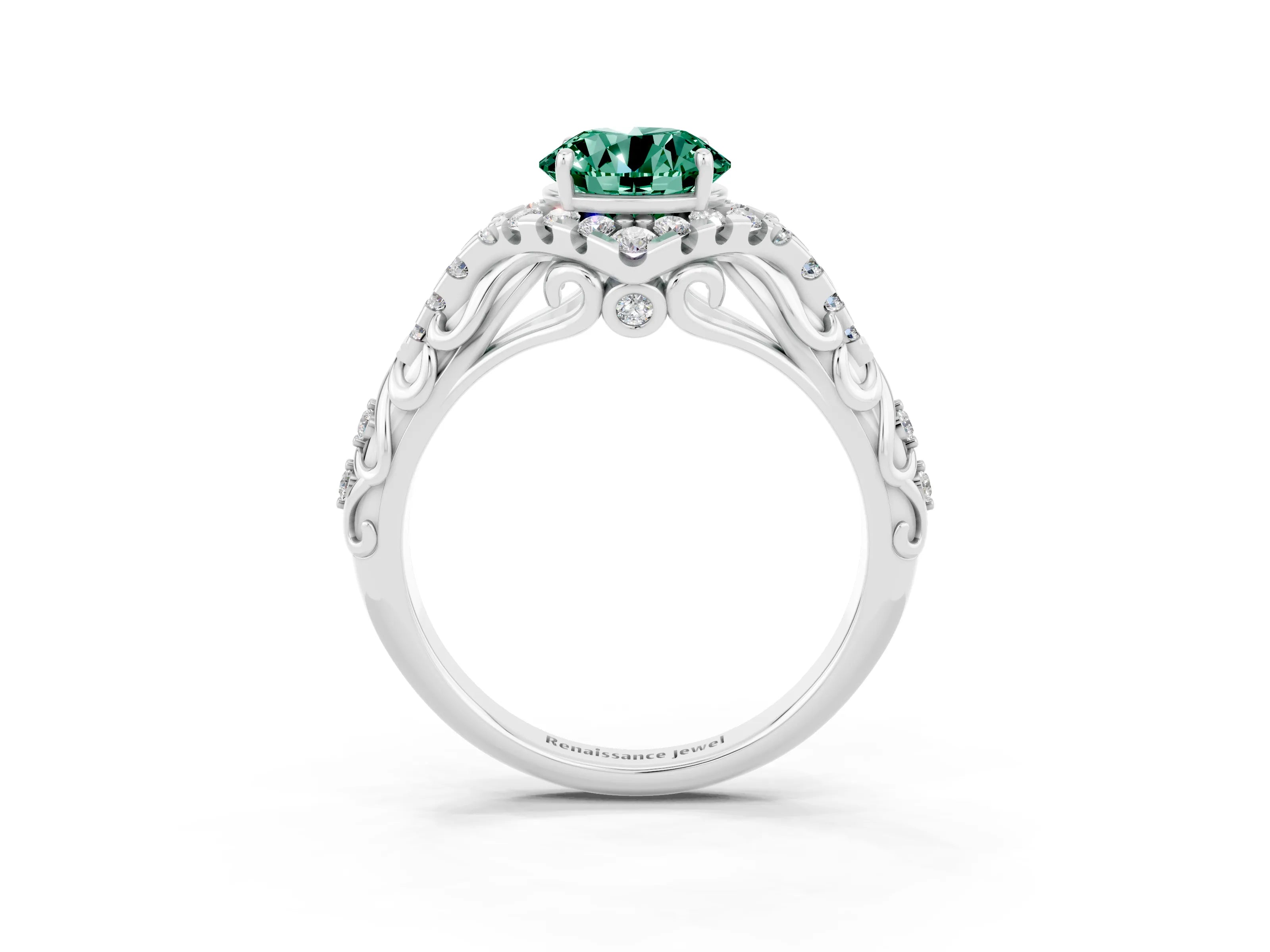 White gold Round Cut Green Sapphire Solitaire Ring with Hidden Halo and Pavé Band_15