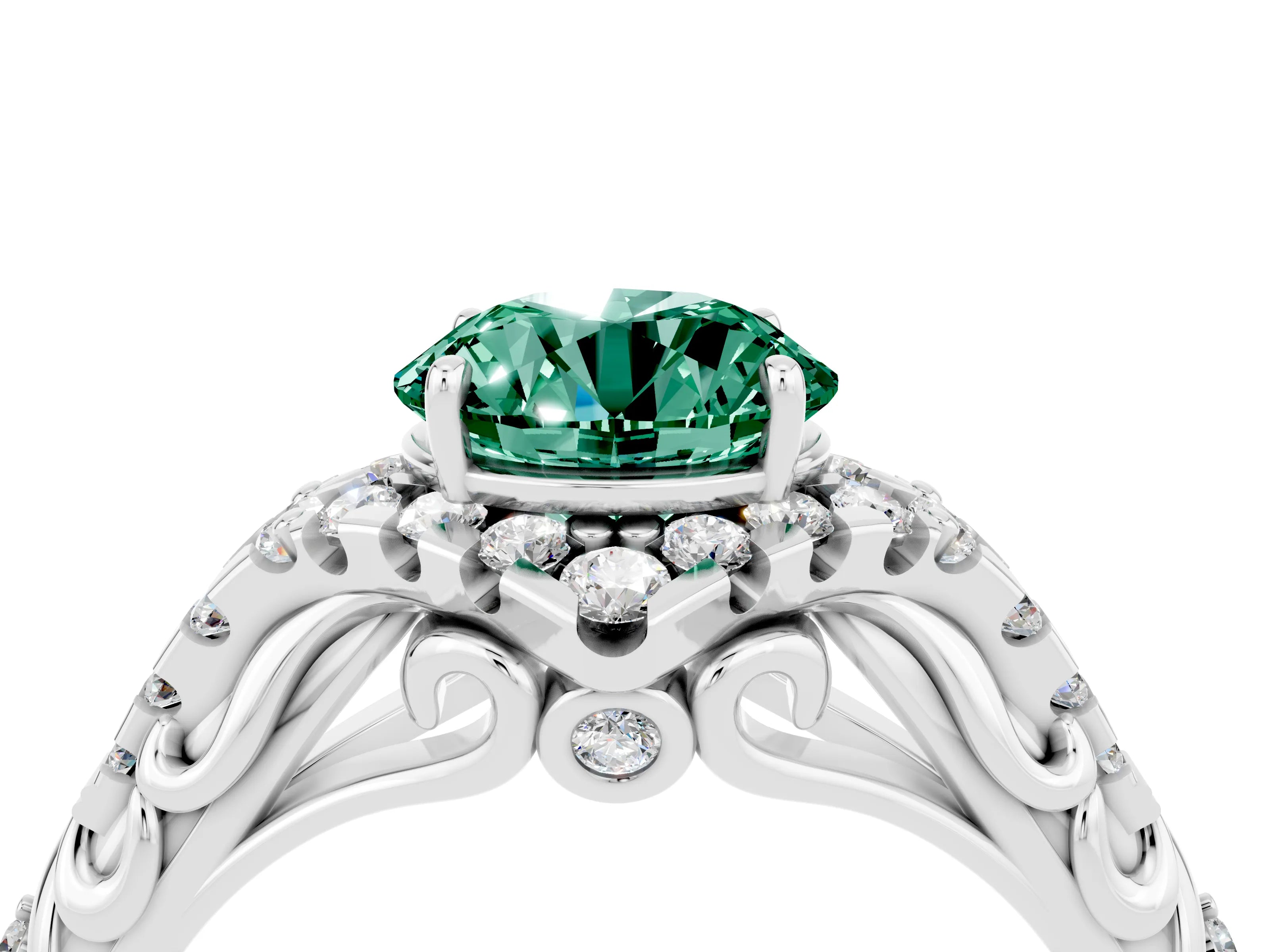 White gold Round Cut Green Sapphire Solitaire Ring with Hidden Halo and Pavé Band_16
