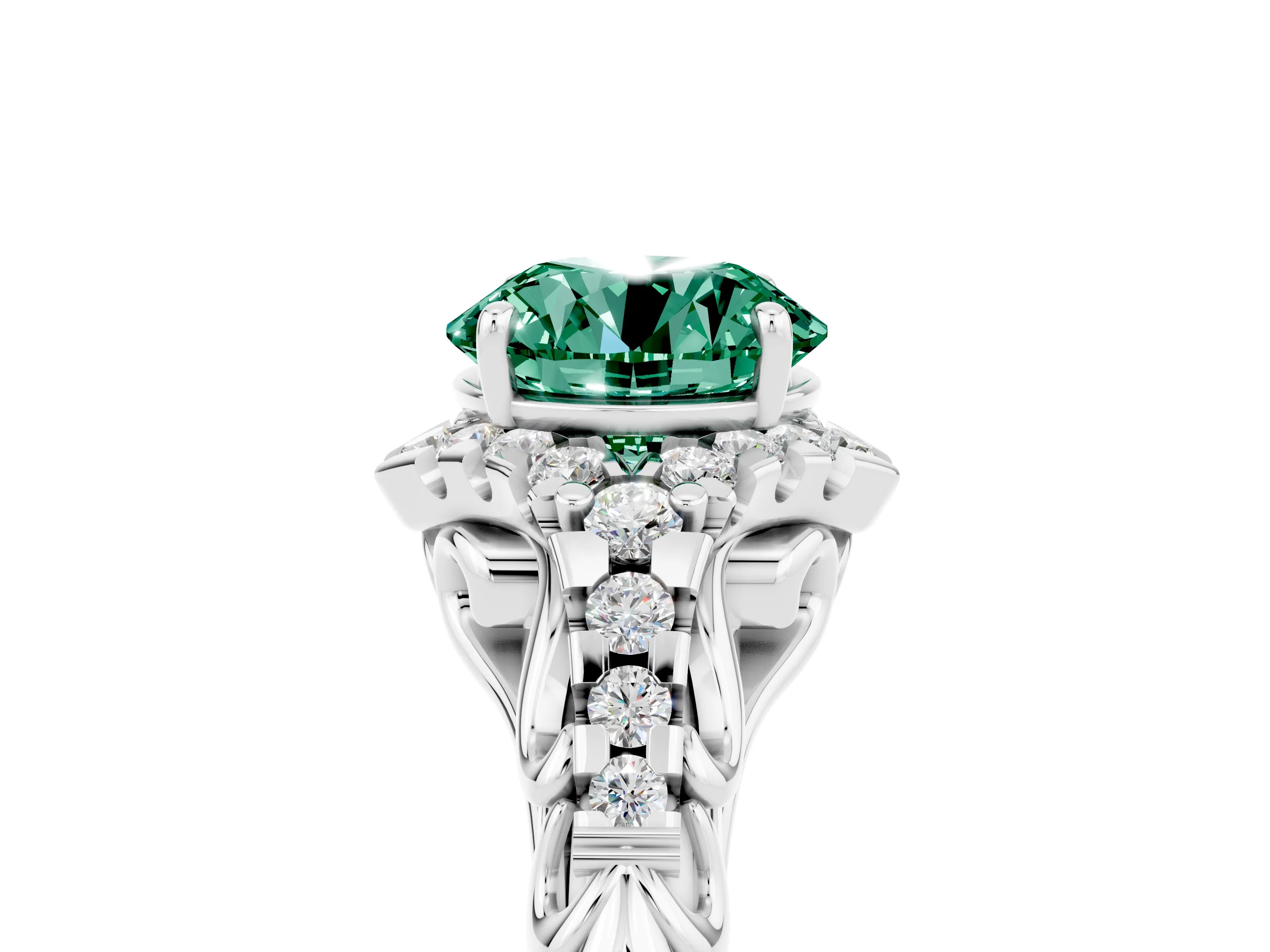 White gold Round Cut Green Sapphire Solitaire Ring with Hidden Halo and Pavé Band_17