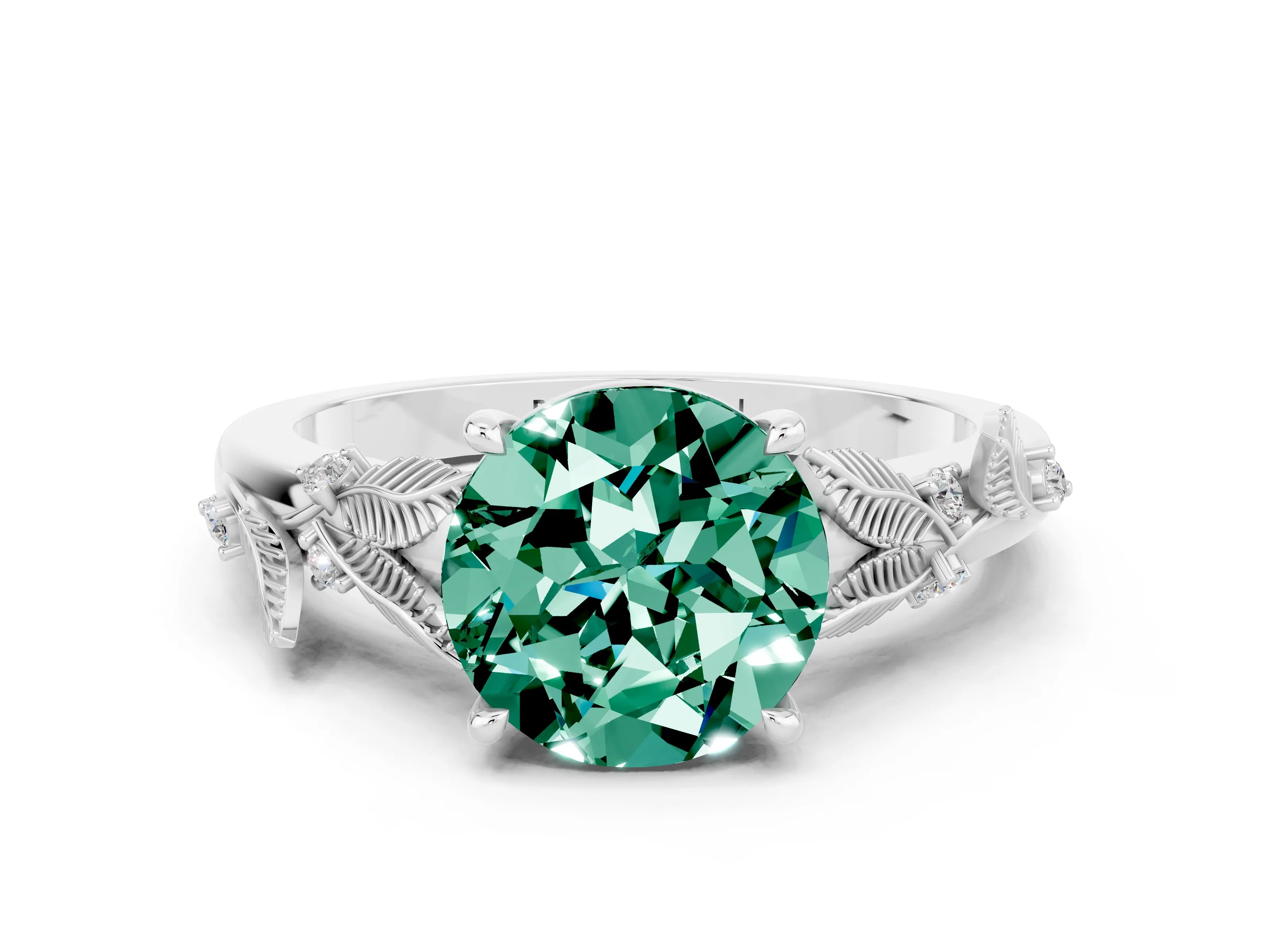 White gold Round Cut Green Sapphire Solitaire Ring with Leaf Motif Band and Four-Prong Setting_24