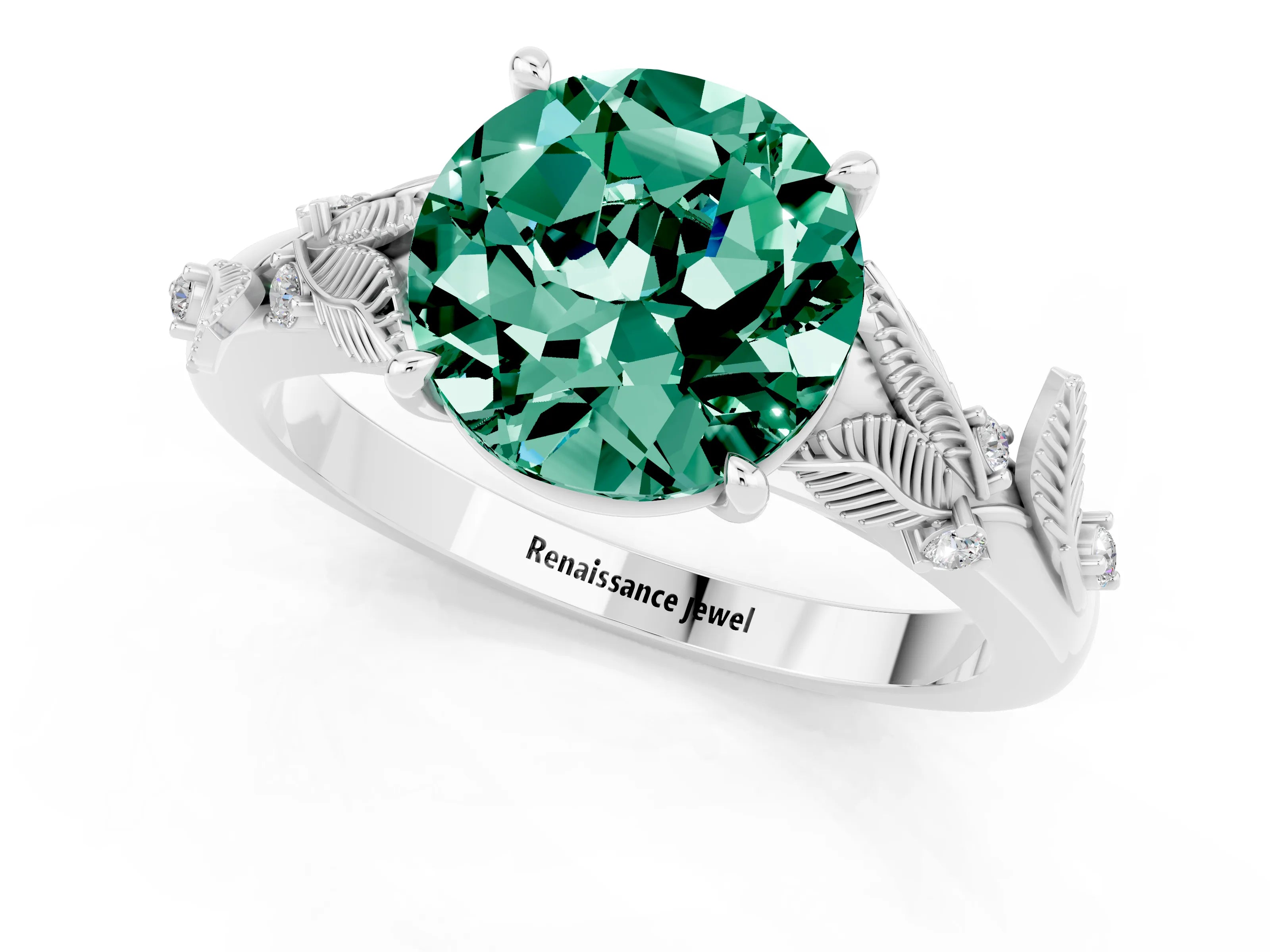 White gold Round Cut Green Sapphire Solitaire Ring with Leaf Motif Band and Four-Prong Setting_25