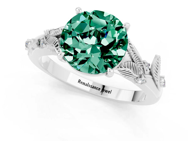 Silver Round Cut Green Sapphire Solitaire Ring with Leaf Motif Band and Four-Prong Setting