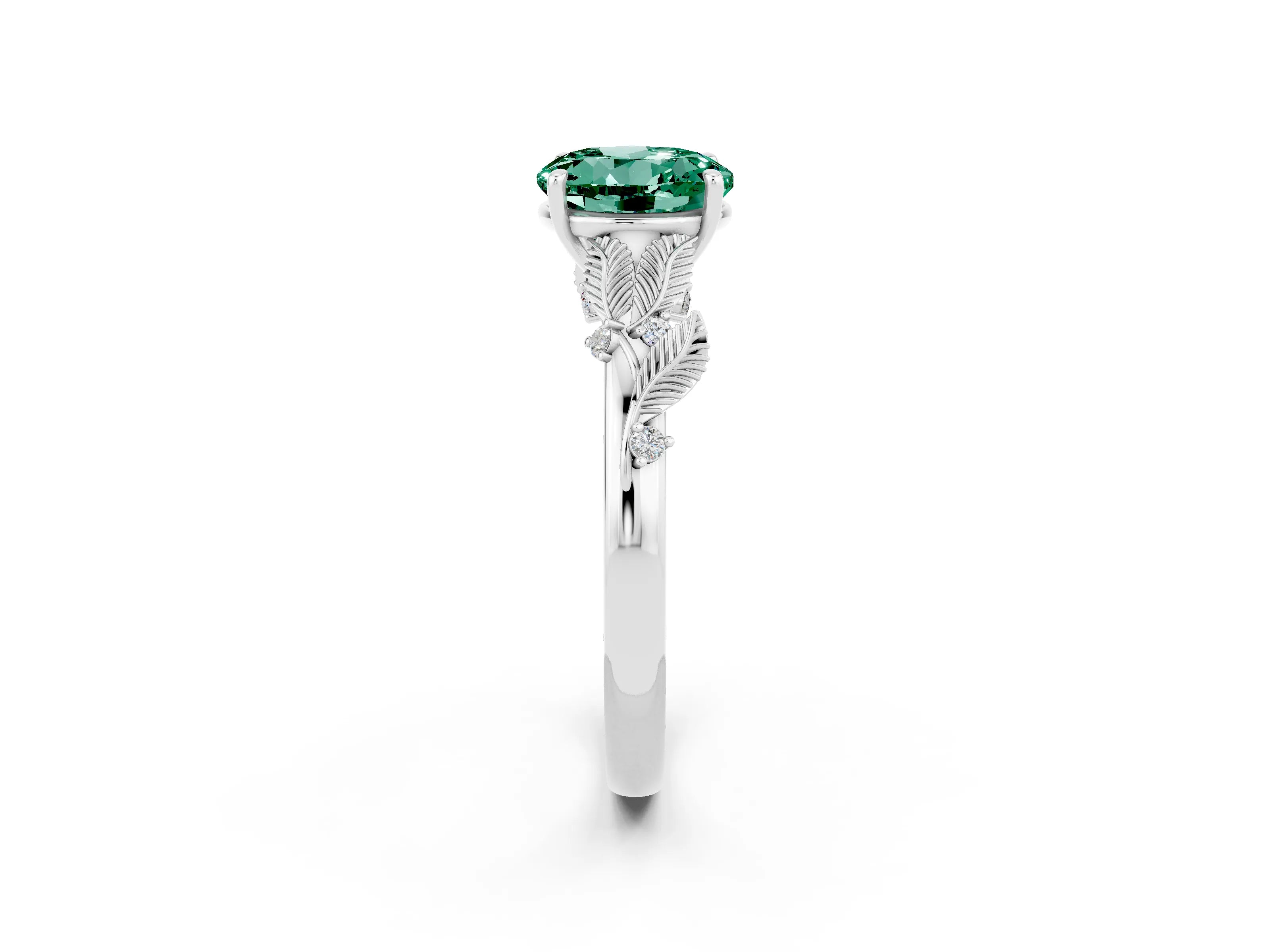 White gold Round Cut Green Sapphire Solitaire Ring with Leaf Motif Band and Four-Prong Setting_26