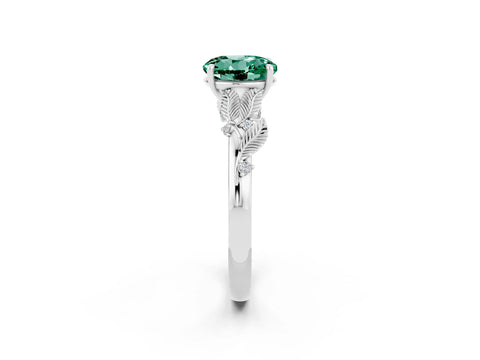 White gold Round Cut Green Sapphire Solitaire Ring with Leaf Motif Band and Four-Prong Setting_26