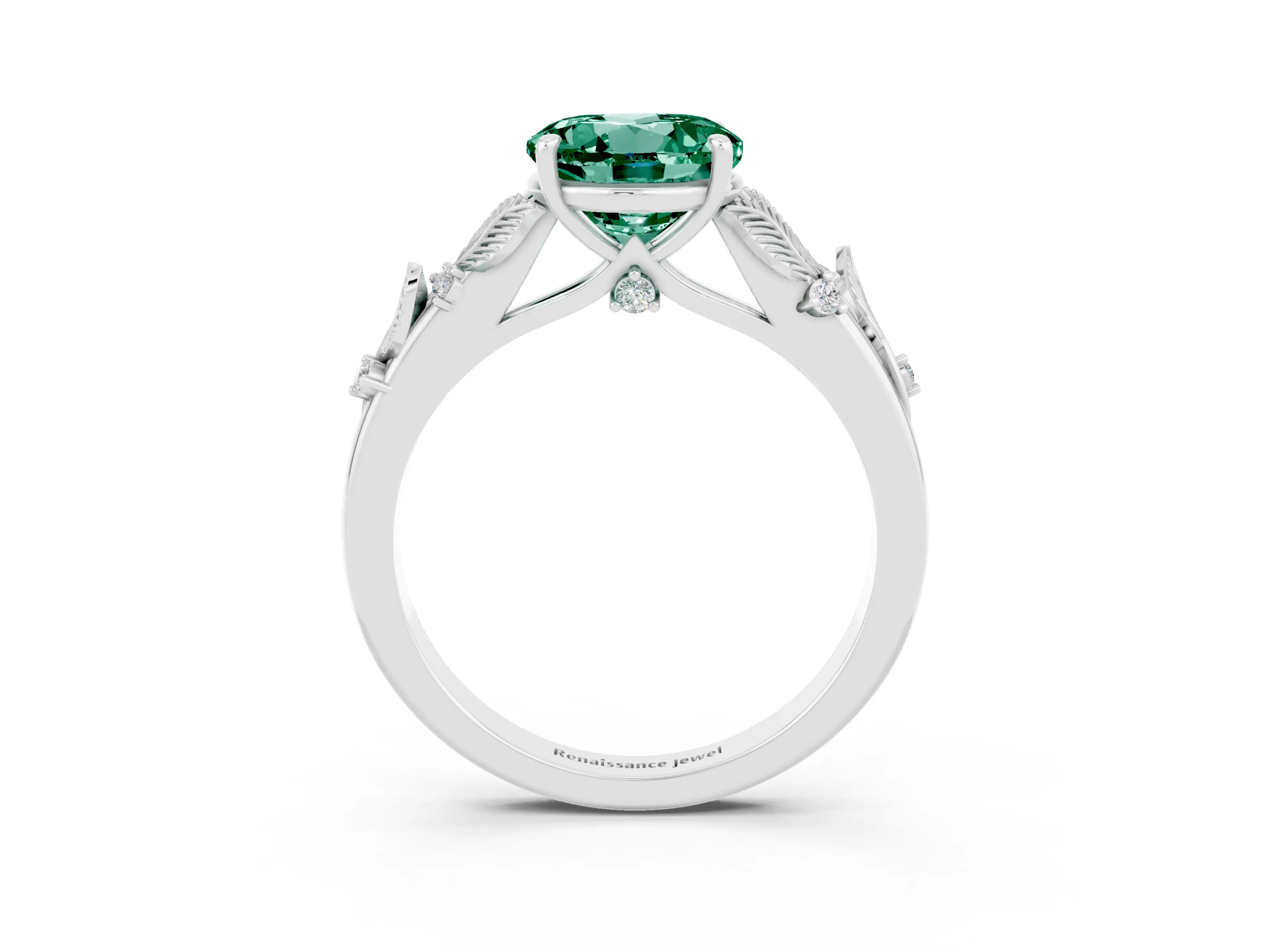 White gold Round Cut Green Sapphire Solitaire Ring with Leaf Motif Band and Four-Prong Setting_27