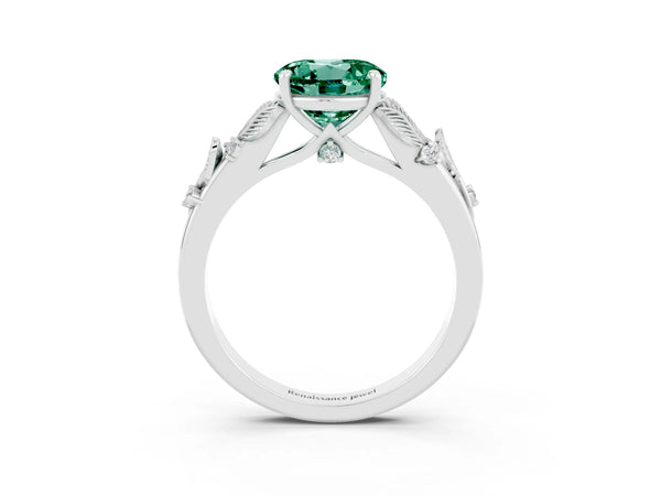 Silver Round Cut Green Sapphire Solitaire Ring with Leaf Motif Band and Four-Prong Setting
