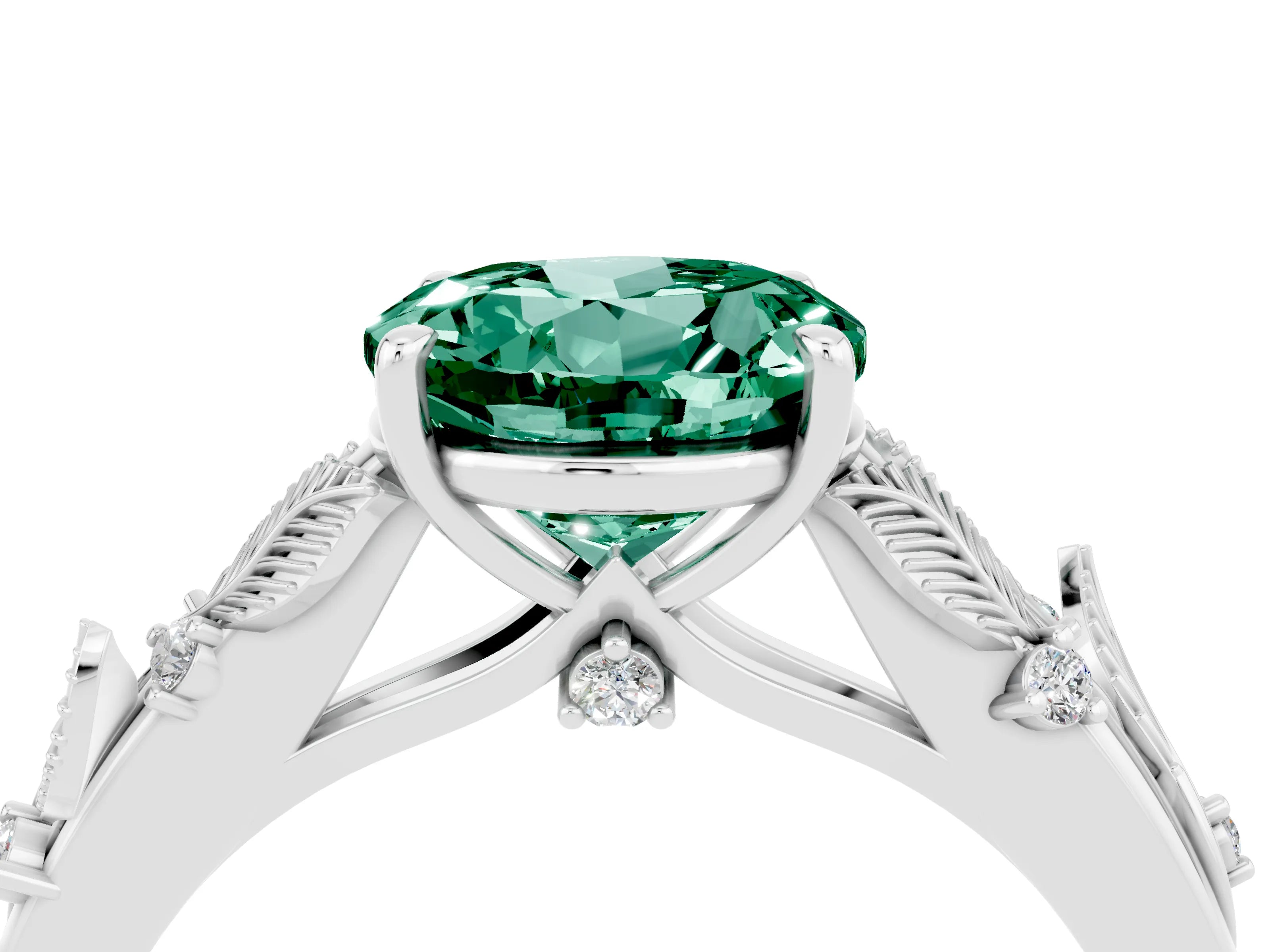 White gold Round Cut Green Sapphire Solitaire Ring with Leaf Motif Band and Four-Prong Setting_28
