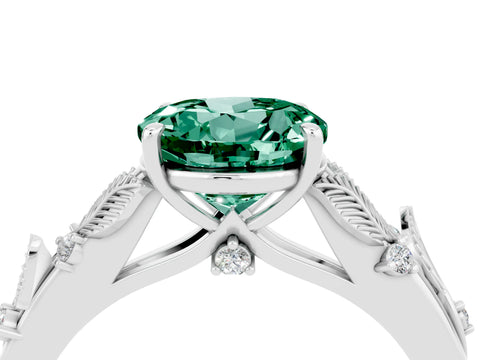 White gold Round Cut Green Sapphire Solitaire Ring with Leaf Motif Band and Four-Prong Setting_28
