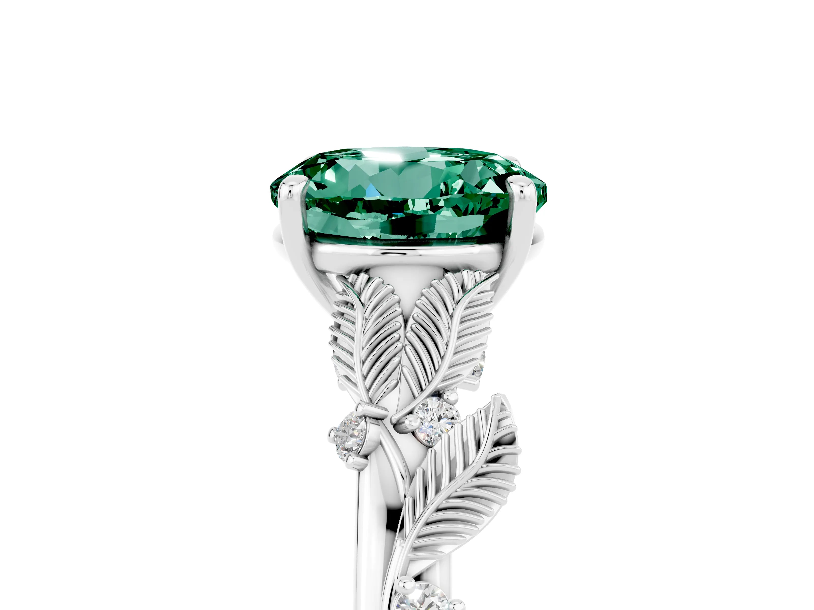 White gold Round Cut Green Sapphire Solitaire Ring with Leaf Motif Band and Four-Prong Setting_29