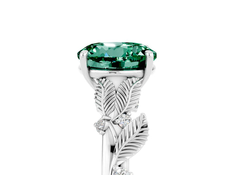 White gold Round Cut Green Sapphire Solitaire Ring with Leaf Motif Band and Four-Prong Setting_29