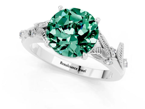 White gold Round Cut Green Sapphire Solitaire Ring with Leaf Motif Band and Four-Prong Setting_32
