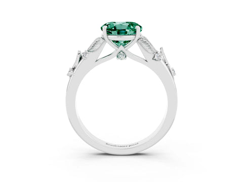 White gold Round Cut Green Sapphire Solitaire Ring with Leaf Motif Band and Four-Prong Setting_34