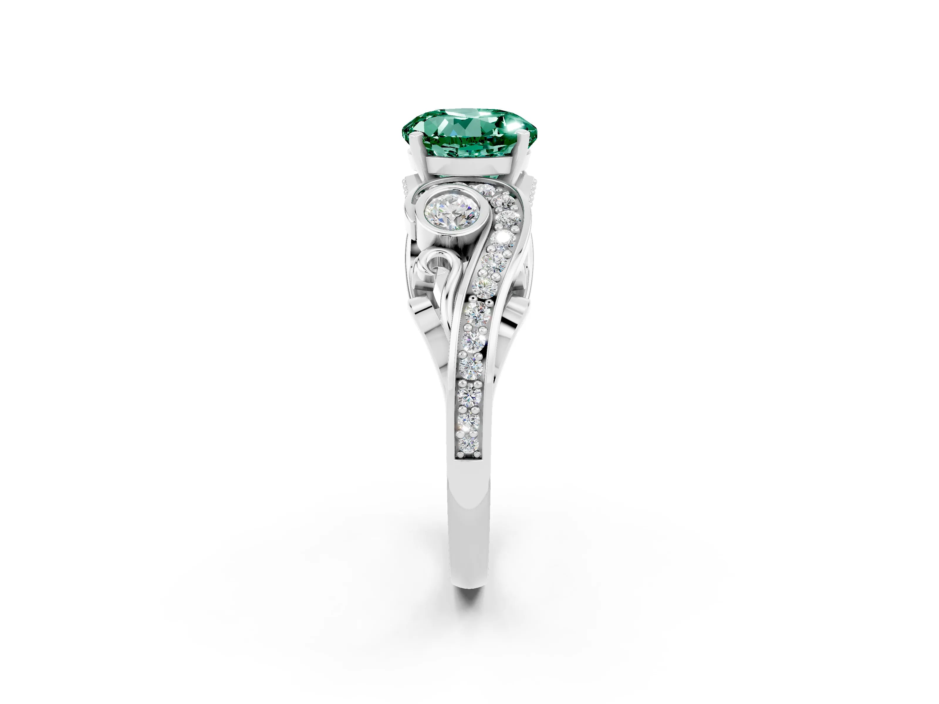 White gold Round Cut Green Sapphire Solitaire Ring with Milgrain Pavé Band and Four-Prong Setting_14