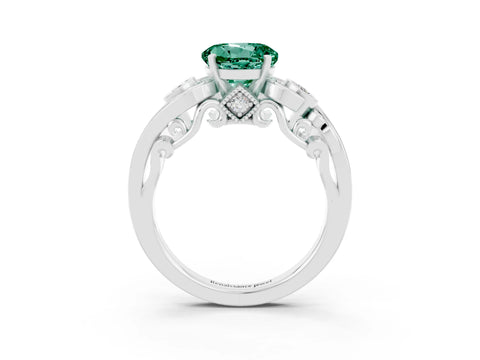 White gold Round Cut Green Sapphire Solitaire Ring with Milgrain Pavé Band and Four-Prong Setting_15
