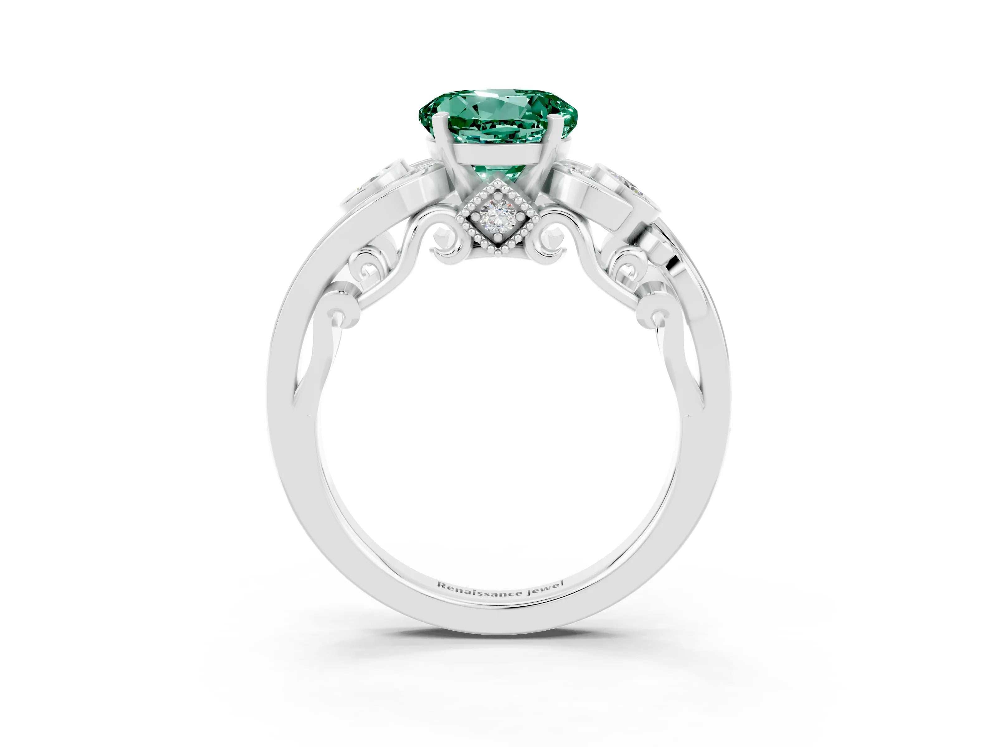 White gold Round Cut Green Sapphire Solitaire Ring with Milgrain Pavé Band and Four-Prong Setting_21