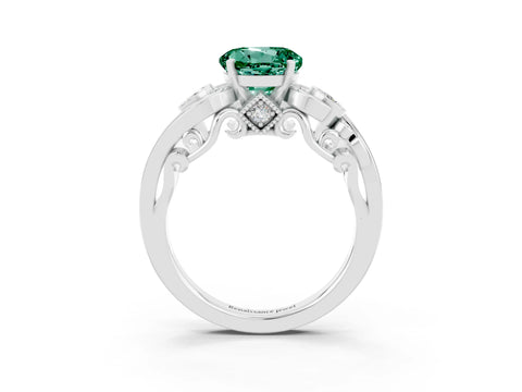 White gold Round Cut Green Sapphire Solitaire Ring with Milgrain Pavé Band and Four-Prong Setting_21