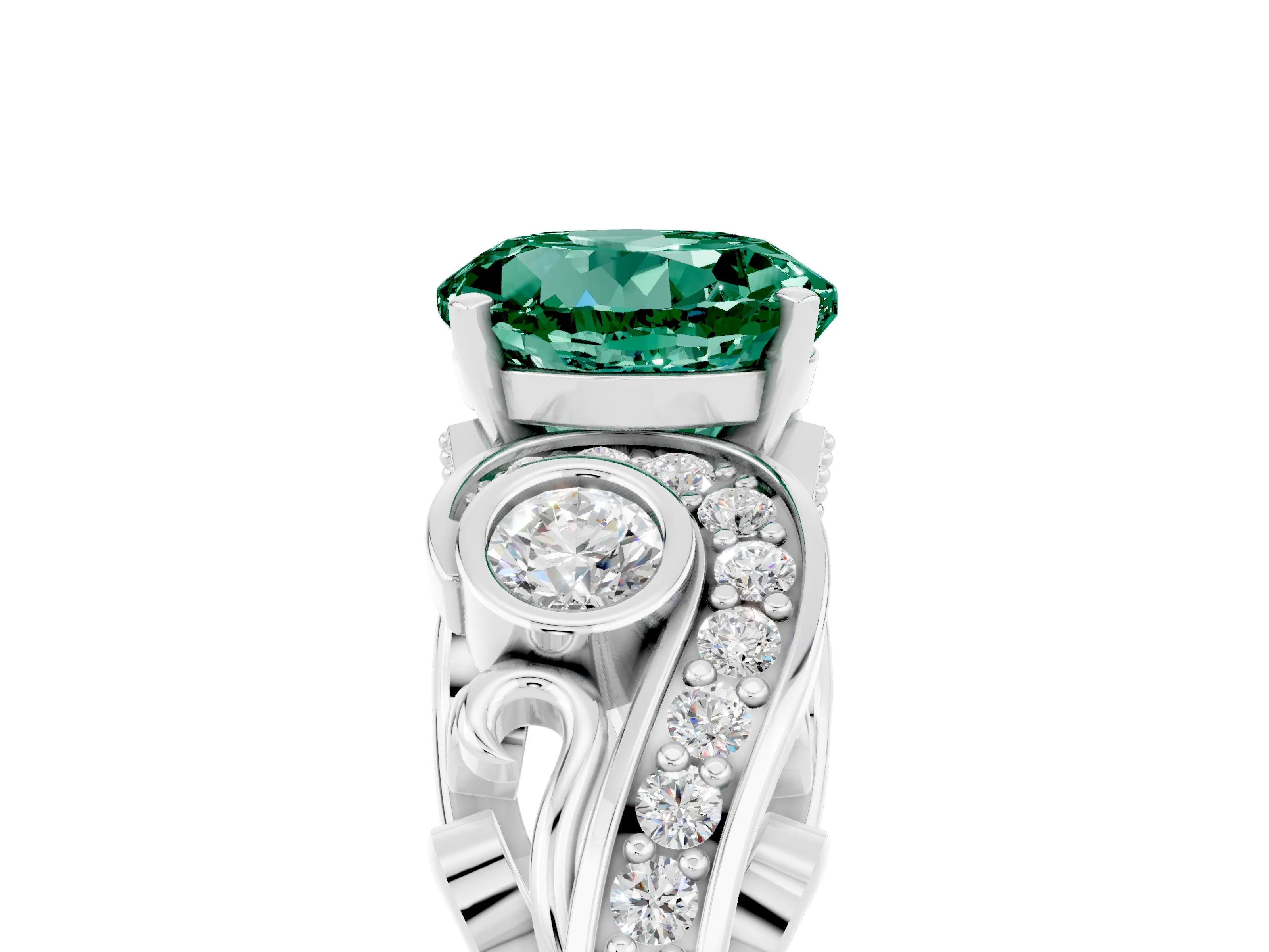 White gold Round Cut Green Sapphire Solitaire Ring with Milgrain Pavé Band and Four-Prong Setting_23