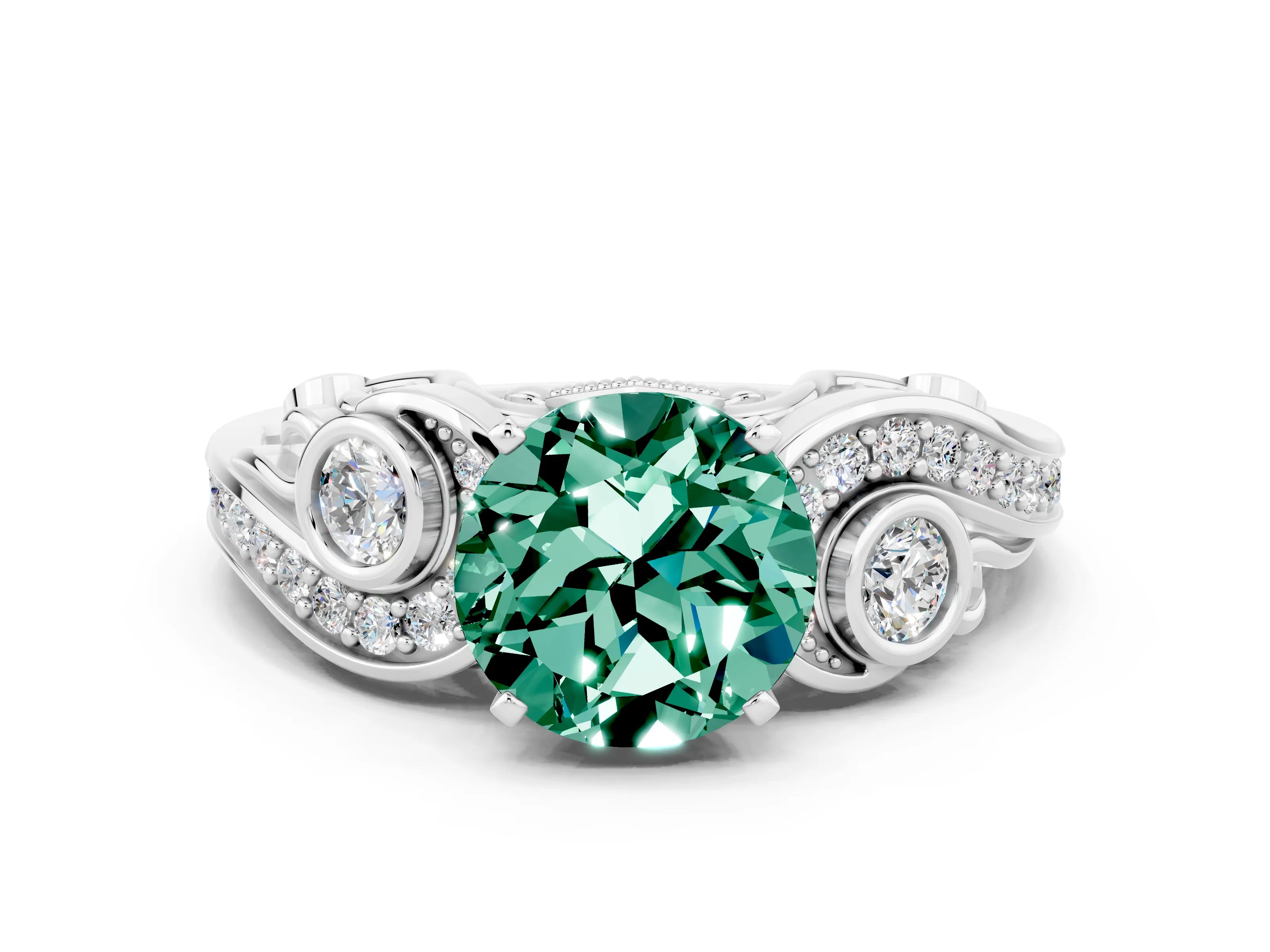 White gold Round Cut Green Sapphire Solitaire Ring with Milgrain Pavé Band and Four-Prong Setting_36