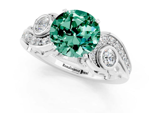 White gold Round Cut Green Sapphire Solitaire Ring with Milgrain Pavé Band and Four-Prong Setting_37