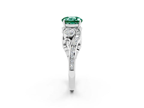 White gold Round Cut Green Sapphire Solitaire Ring with Milgrain Pavé Band and Four-Prong Setting_50