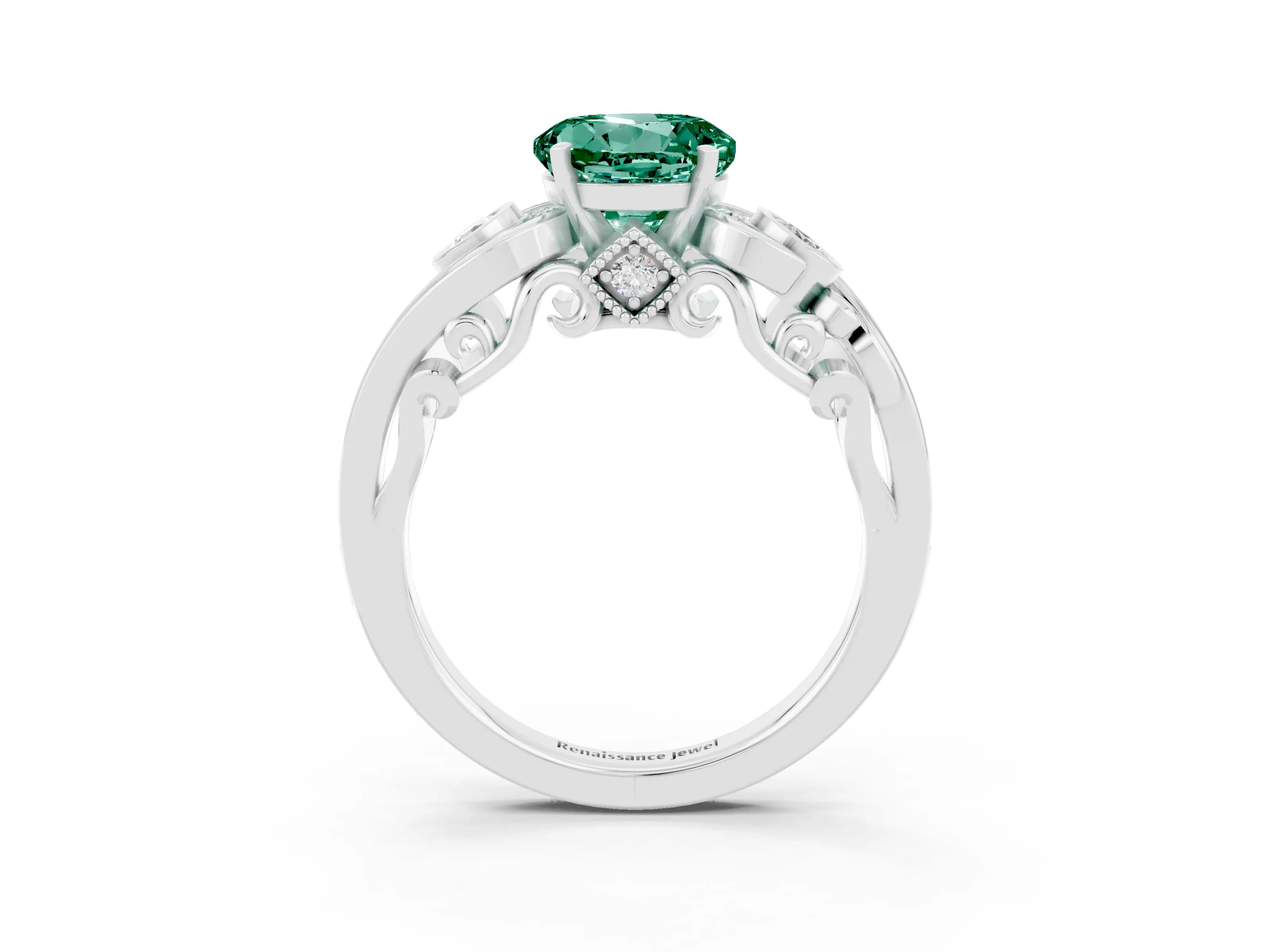 White gold Round Cut Green Sapphire Solitaire Ring with Milgrain Pavé Band and Four-Prong Setting_51