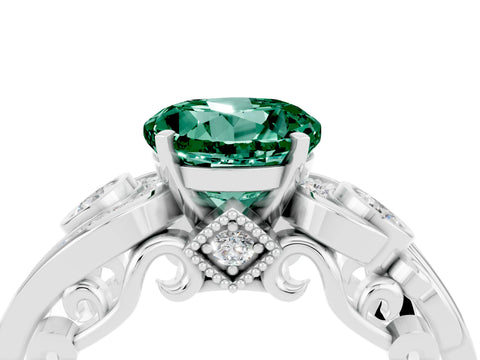 White gold Round Cut Green Sapphire Solitaire Ring with Milgrain Pavé Band and Four-Prong Setting_52
