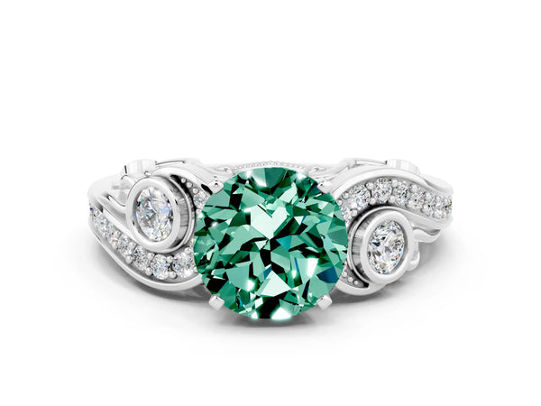 White gold Round Cut Green Sapphire Solitaire Ring with Milgrain Pavé Band and Four-Prong Setting