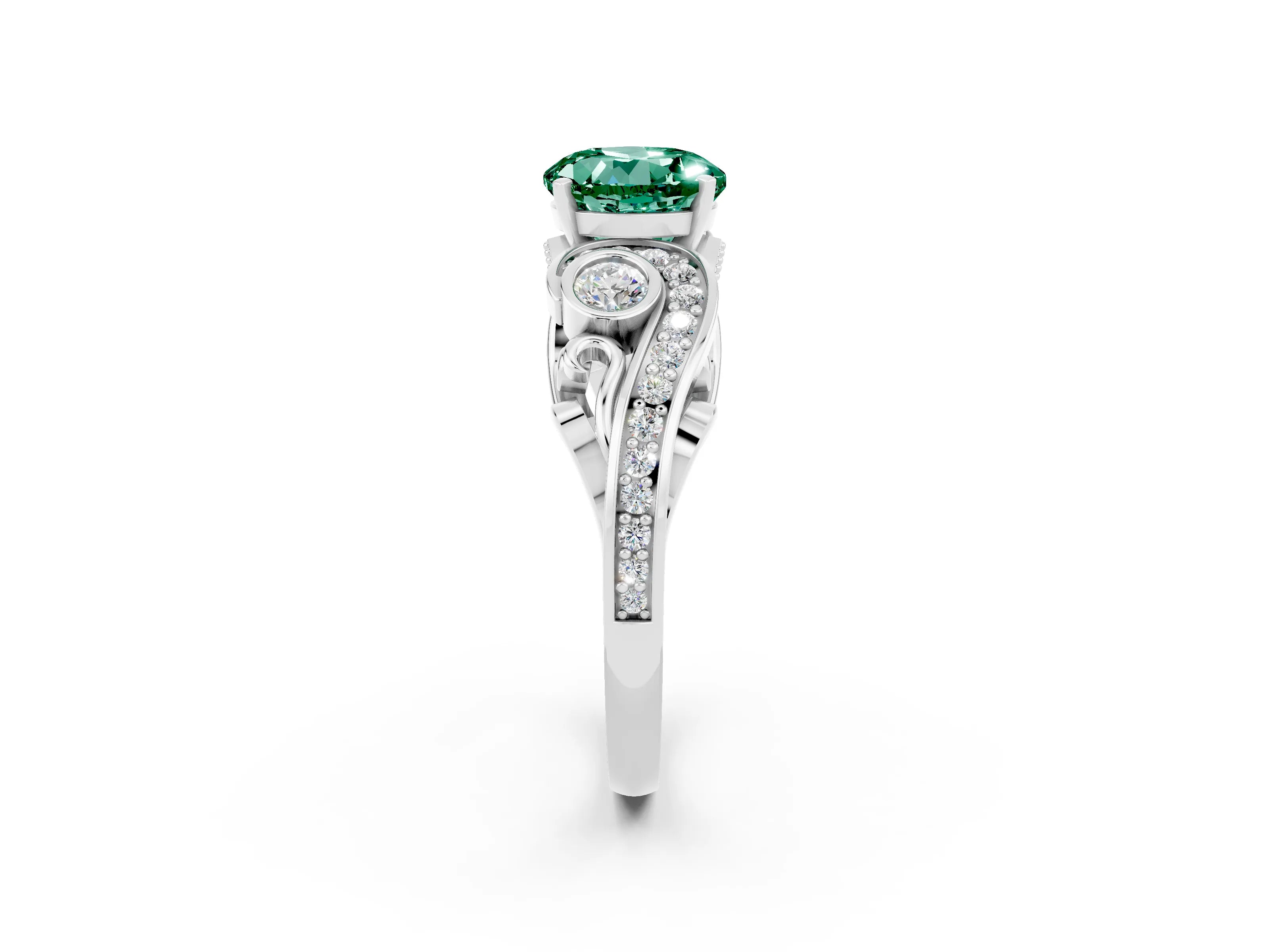 White gold Round Cut Green Sapphire Solitaire Ring with Milgrain Pavé Band and Four-Prong Setting_56