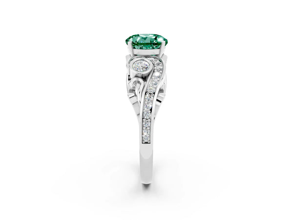 White gold Round Cut Green Sapphire Solitaire Ring with Milgrain Pavé Band and Four-Prong Setting
