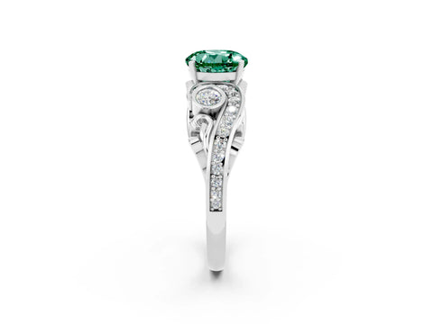 White gold Round Cut Green Sapphire Solitaire Ring with Milgrain Pavé Band and Four-Prong Setting_56