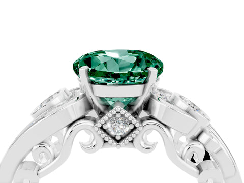White gold Round Cut Green Sapphire Solitaire Ring with Milgrain Pavé Band and Four-Prong Setting_58