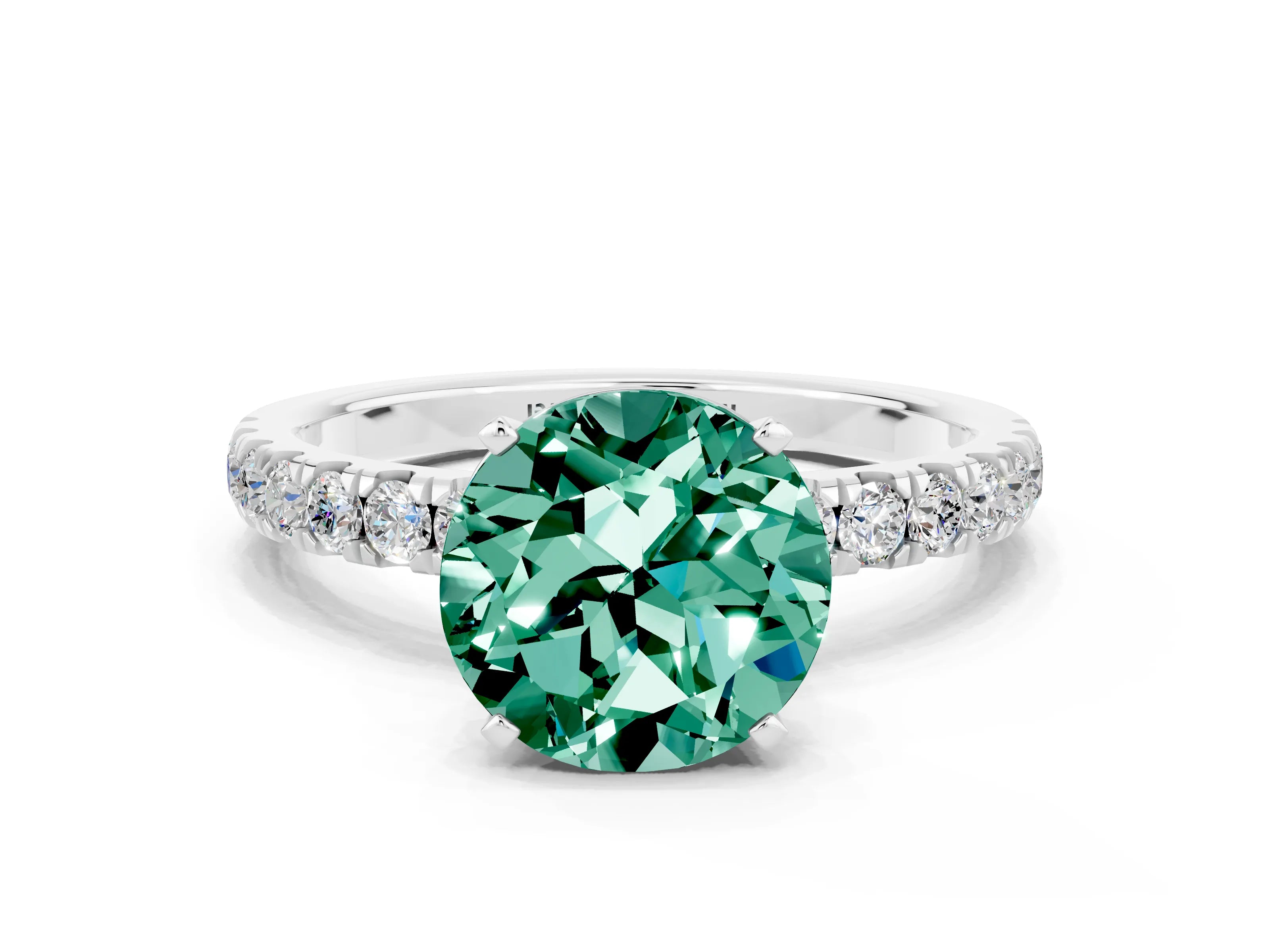 White gold Round Cut Green Sapphire Solitaire Ring with Pavé Accents and Four-Prong Setting