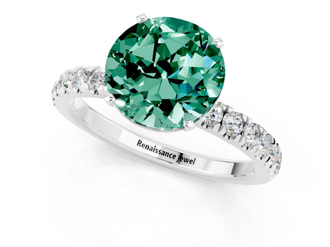 White gold Round Cut Green Sapphire Solitaire Ring with Pavé Accents and Four-Prong Setting_1