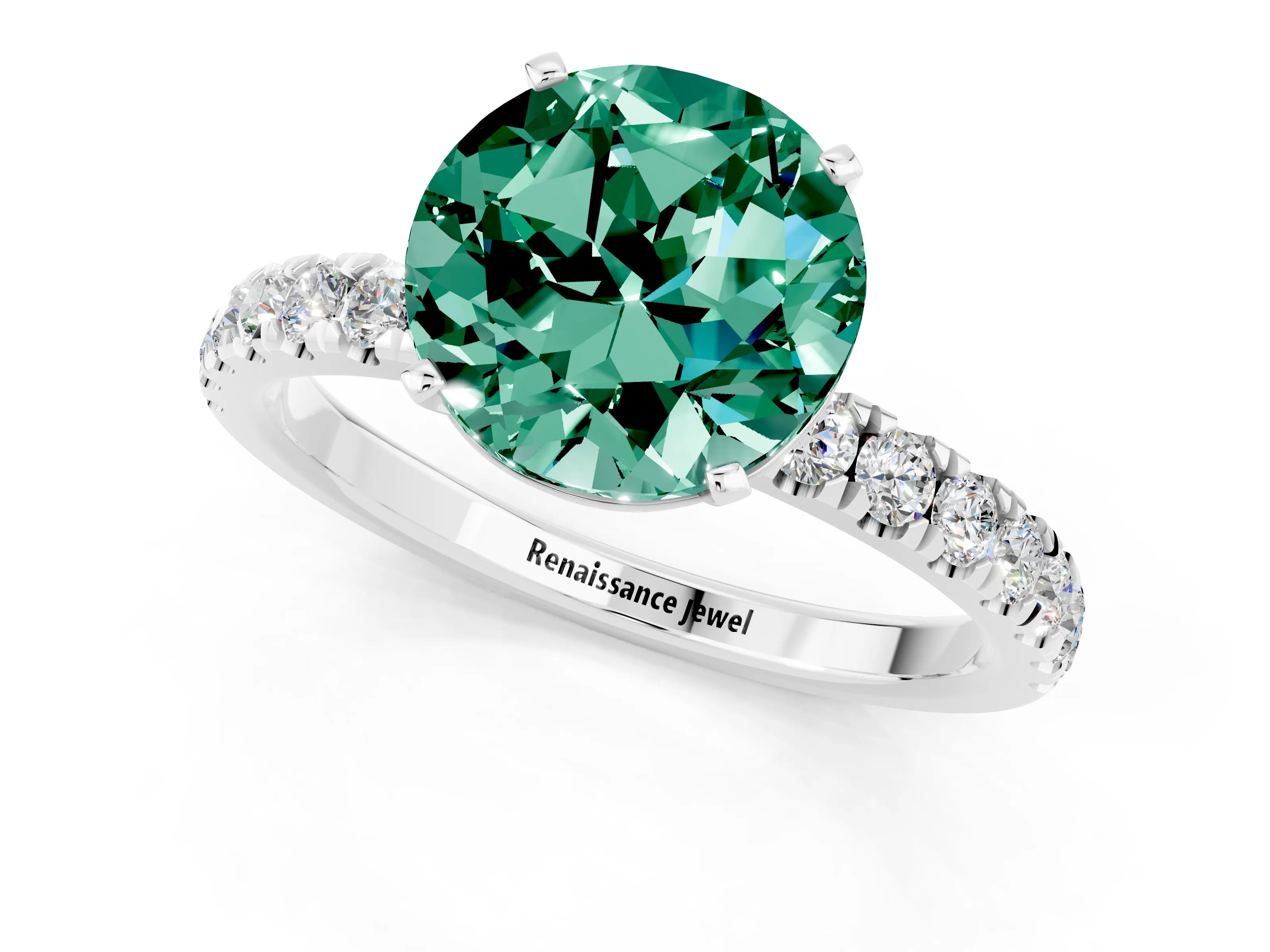 White gold Round Cut Green Sapphire Solitaire Ring with Pavé Accents and Four-Prong Setting_1