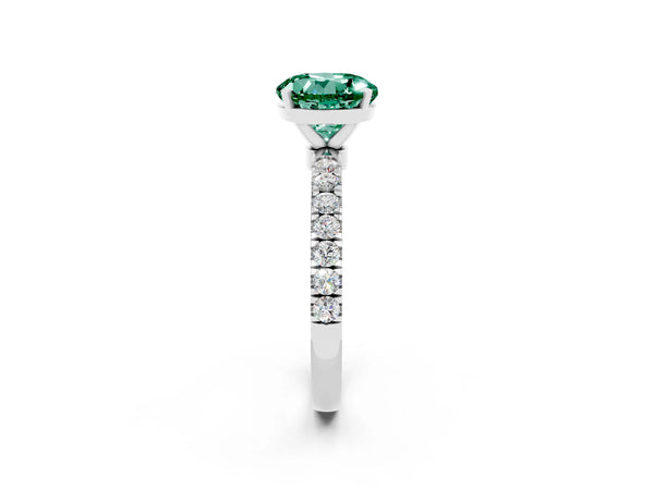 Silver Round Cut Green Sapphire Solitaire Ring with Pavé Accents and Four-Prong Setting