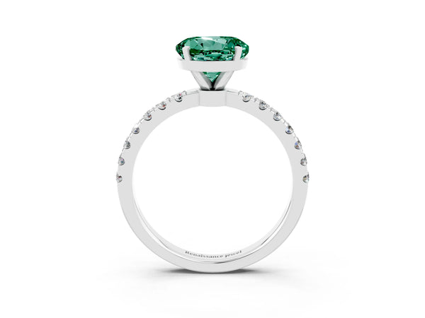 Platinum Round Cut Green Sapphire Solitaire Ring with Pavé Accents and Four-Prong Setting